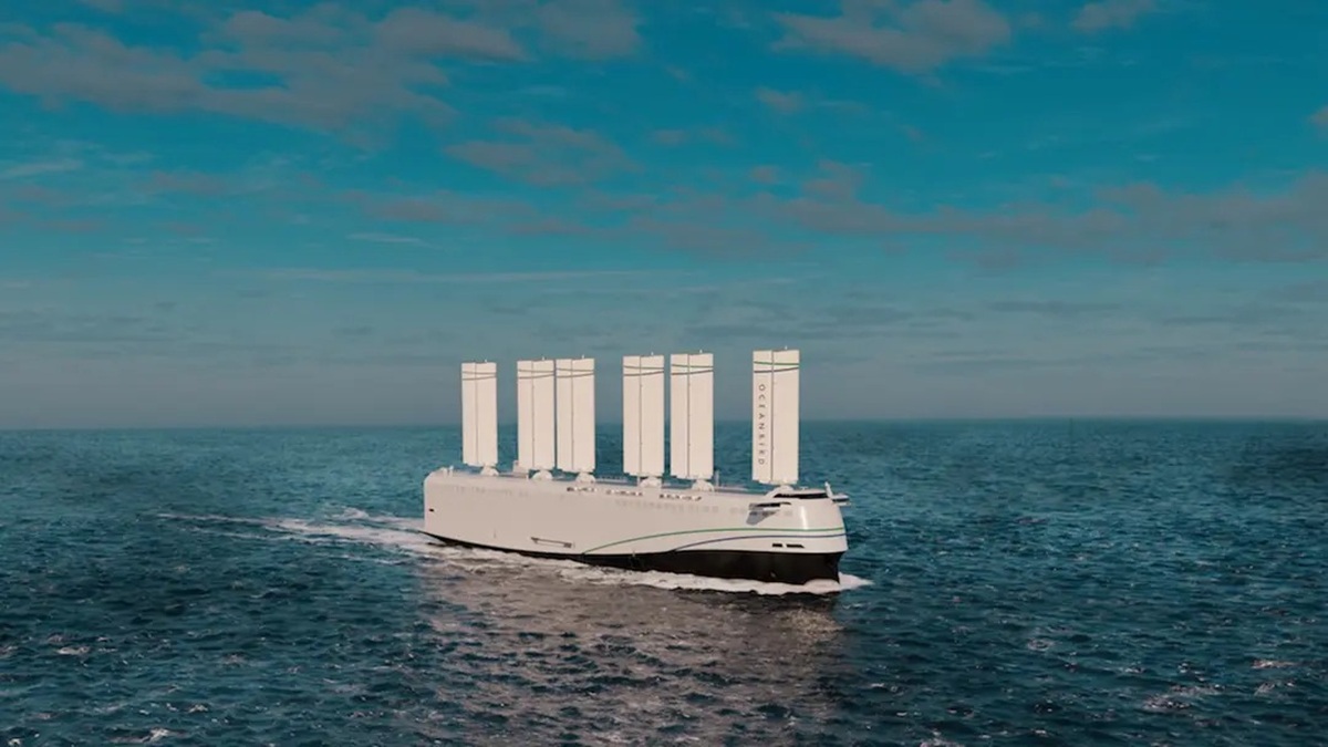 Enorme asa de vela inclinável de 6.000 pés quadrados (aproximadamente 557 m²) para proporcionar uma economia de combustível de 10%.