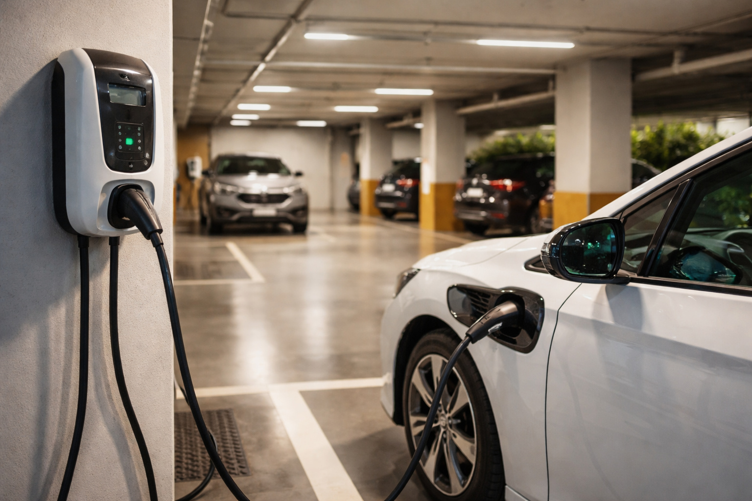 Carregador de veículo elétrico instalado em vaga privativa de garagem de condomínio em São Paulo, com carro elétrico conectado à estação de recarga.
