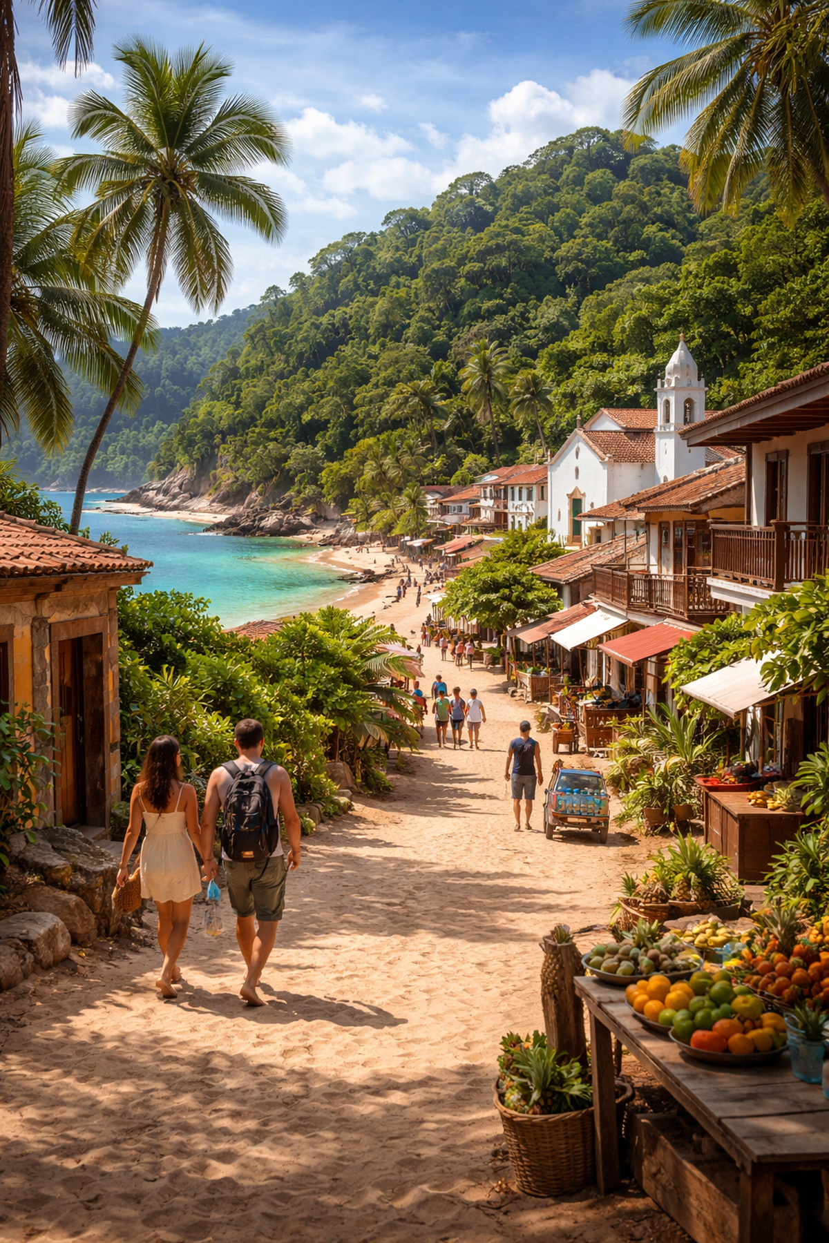 Vista de Morro de São Paulo, na Bahia, com ruas de areia, vegetação preservada, praia tropical e ausência de carros no distrito insular