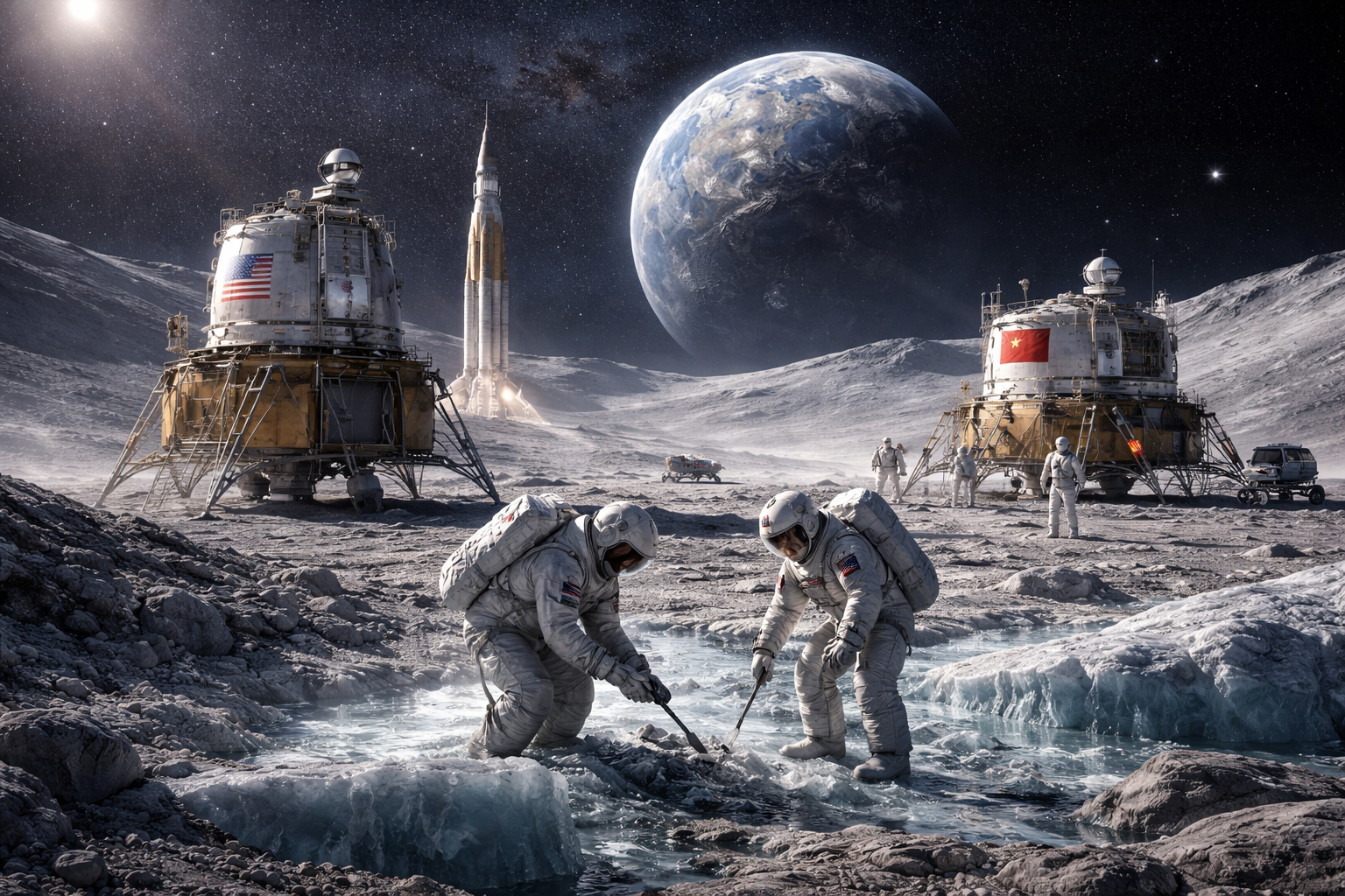 Astronautas dos Estados Unidos e da China explorando gelo no polo sul da Lua, com módulos lunares e a Terra ao fundo, representando a nova corrida espacial.