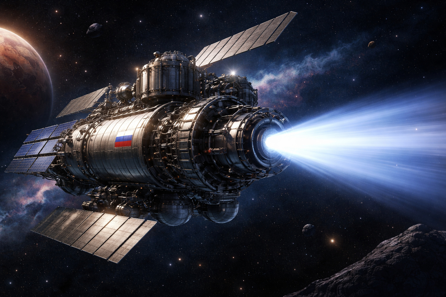 Motor de plasma russo em teste em ambiente espacial com emissão de feixe azul e estrutura metálica detalhada