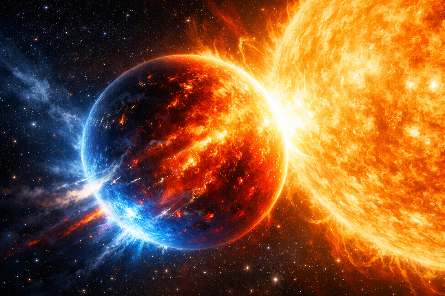 Planeta KELT-9b, o exoplaneta mais quente já descoberto, orbitando sua estrela a curta distância com atmosfera incandescente