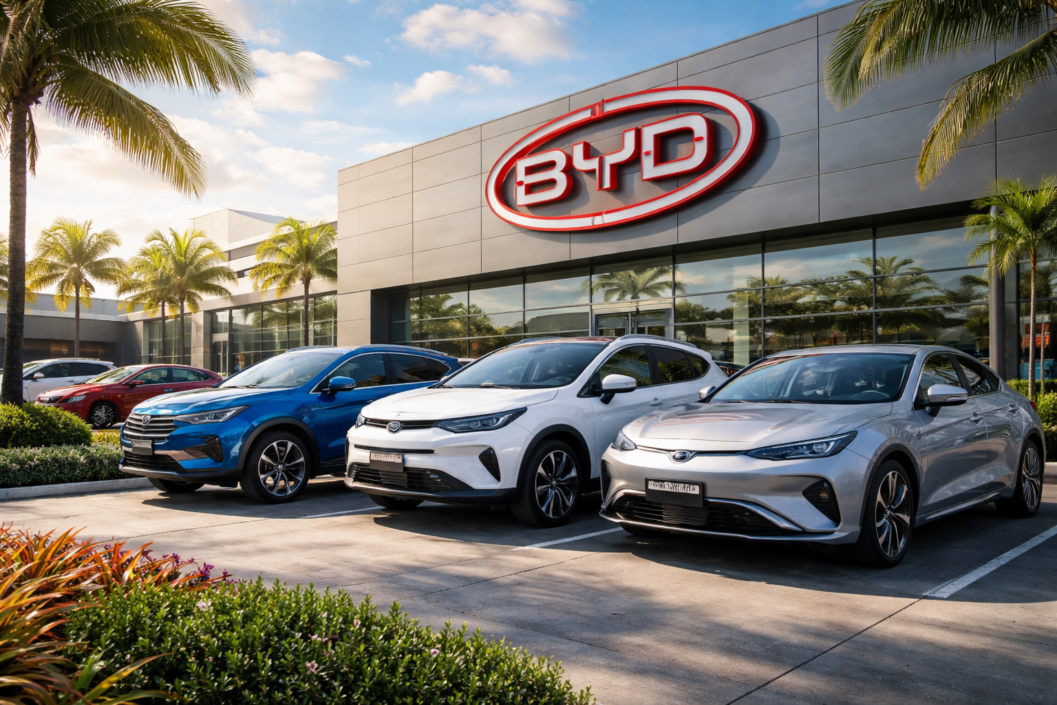 Concessionária da BYD no Brasil com carros elétricos Dolphin, SUV e sedã expostos em frente à fachada moderna em cenário urbano tropical.