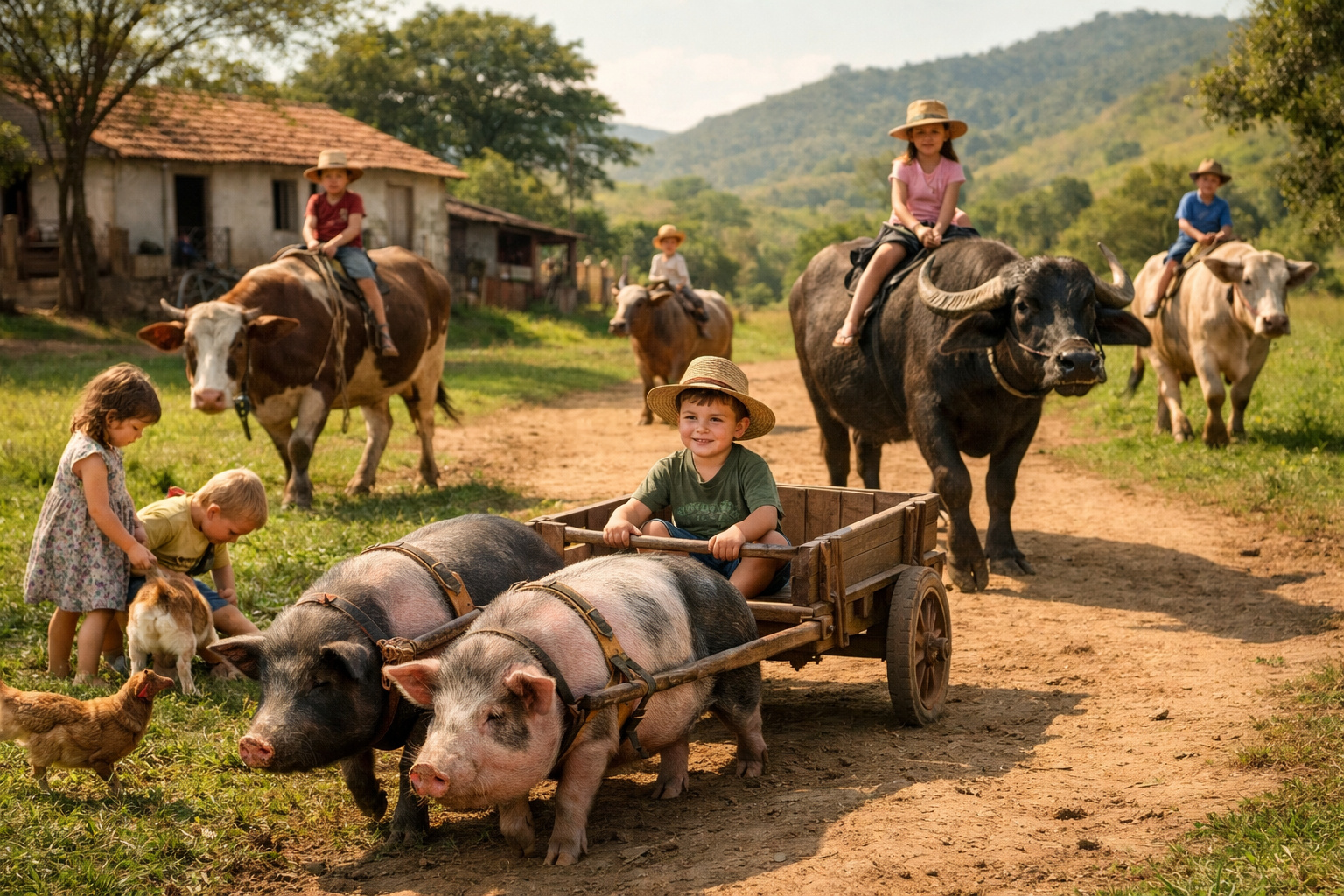 Roça em Minas Gerais com bois, porcos e crianças convivendo em harmonia absoluta.