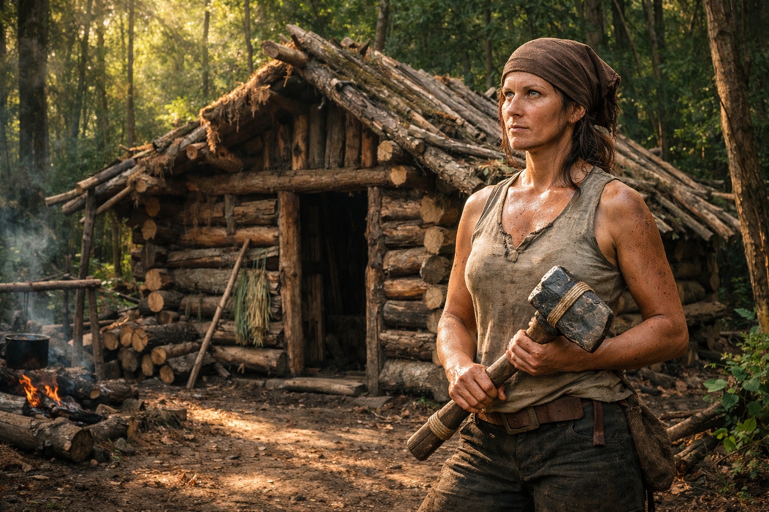Uma mulher constrói uma cabana de madeira do zero, utiliza apenas materiais da floresta, transforma um abrigo rudimentar em um refúgio funcional e mostra como trabalho manual e persistência podem virar moradia real