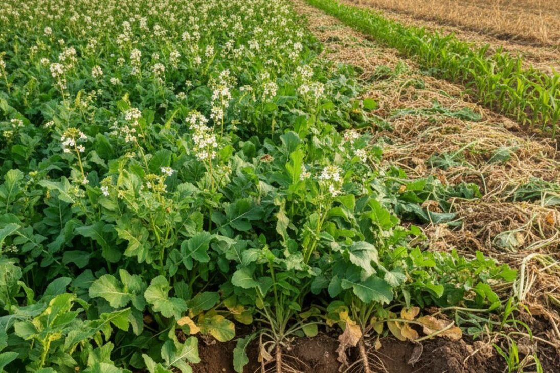 Plantas como girassol e nabo forrageiro geram biomassa e ajudam a recuperar solo compactado sem química.
