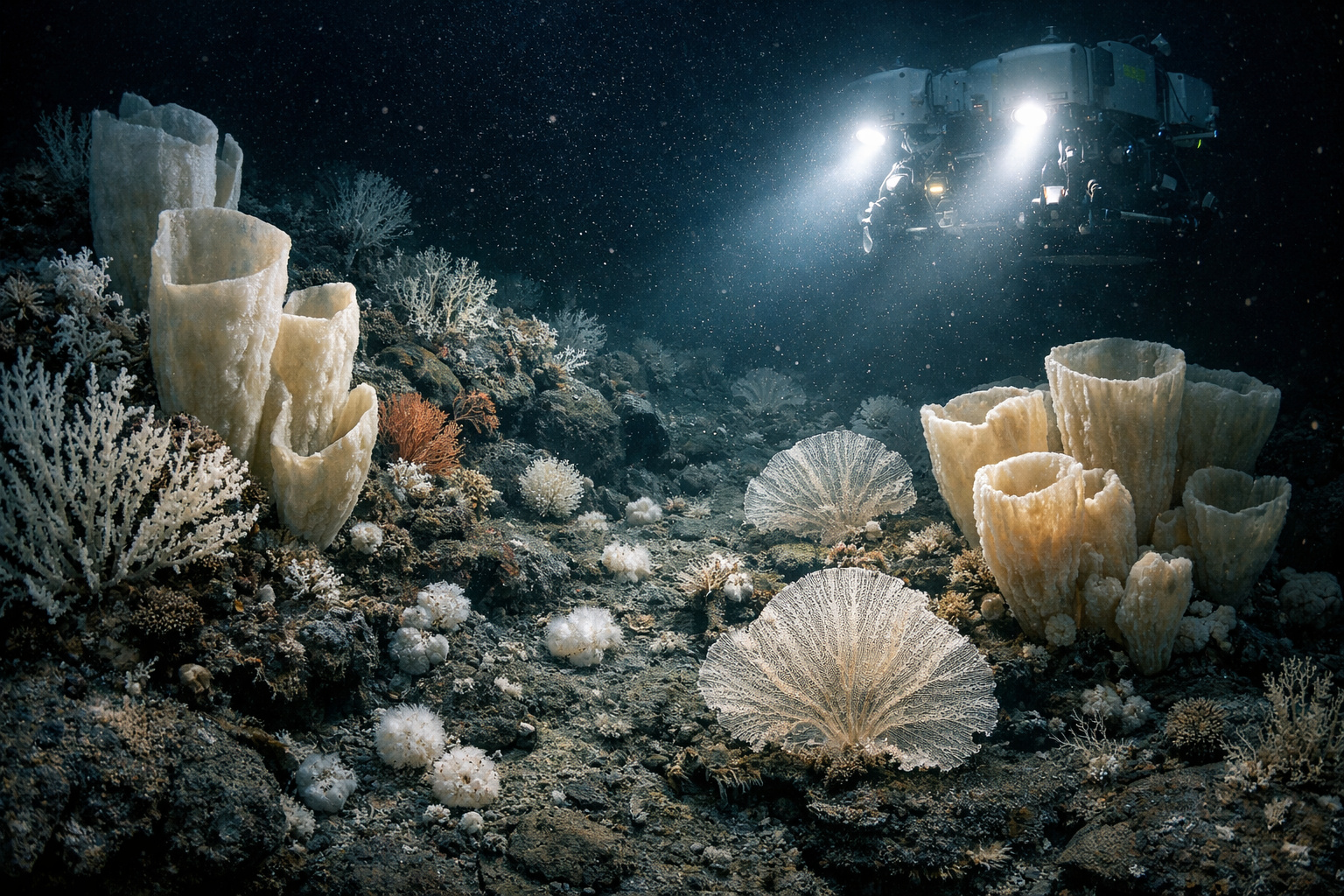 Ecossistema marinho profundo com corais e esponjas iluminados por robô submarino