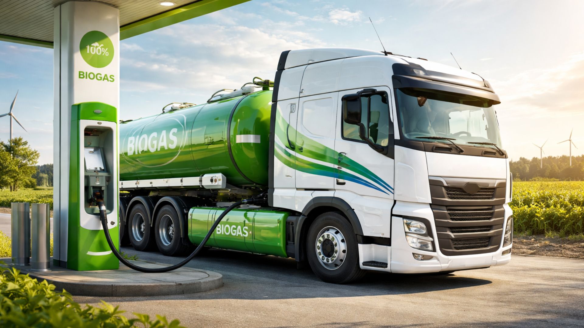 Caminhão movido a biometano abastecendo em estação de biogás, representando a descarbonização do transporte rodoviário no Paraná.