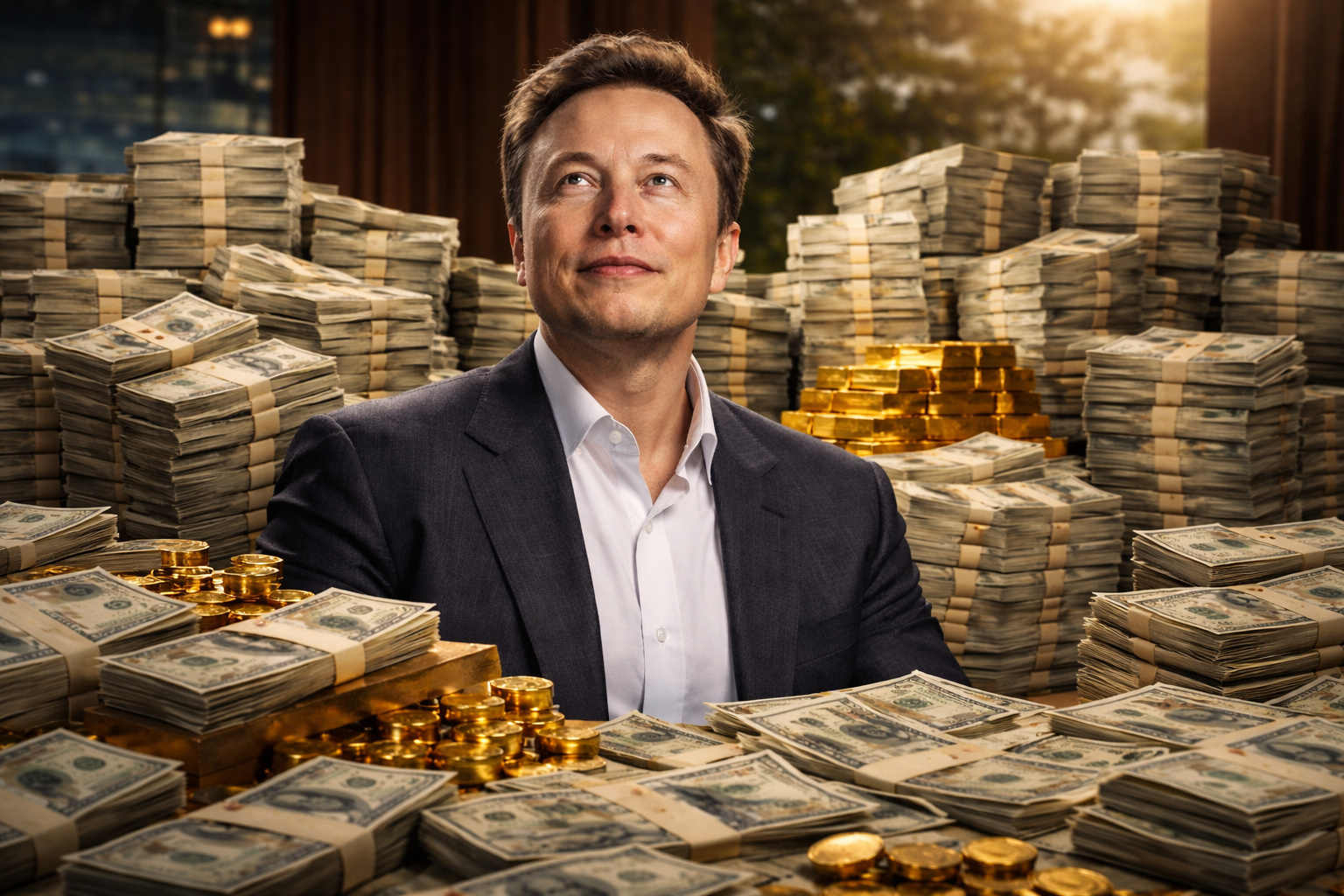 Elon Musk cercado por grandes pilhas de dinheiro e barras de ouro simbolizando a fortuna bilionária do fundador da Tesla e da SpaceX.