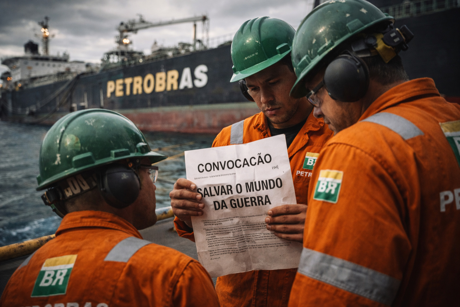 Funcionários da Petrobras analisam comunicado enquanto estão diante de um navio petroleiro da empresa, em cenário que simboliza aumento da produção de petróleo diante da crise internacional.