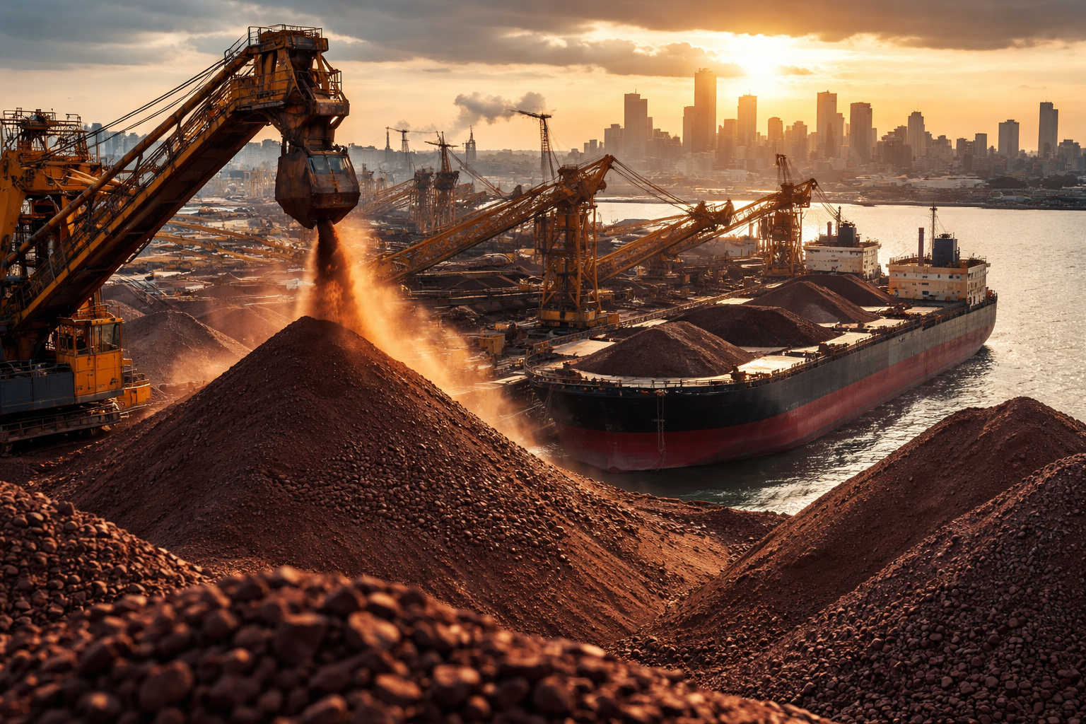 Navio cargueiro sendo carregado com minério de ferro em porto industrial enquanto guindastes movimentam grandes pilhas do minério ao pôr do sol.