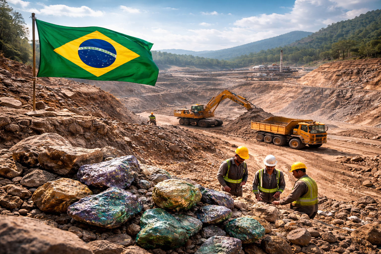 Mineração de terras-raras no Brasil com escavadeiras, caminhões e trabalhadores em mina a céu aberto, destacando o potencial mineral estratégico do país.