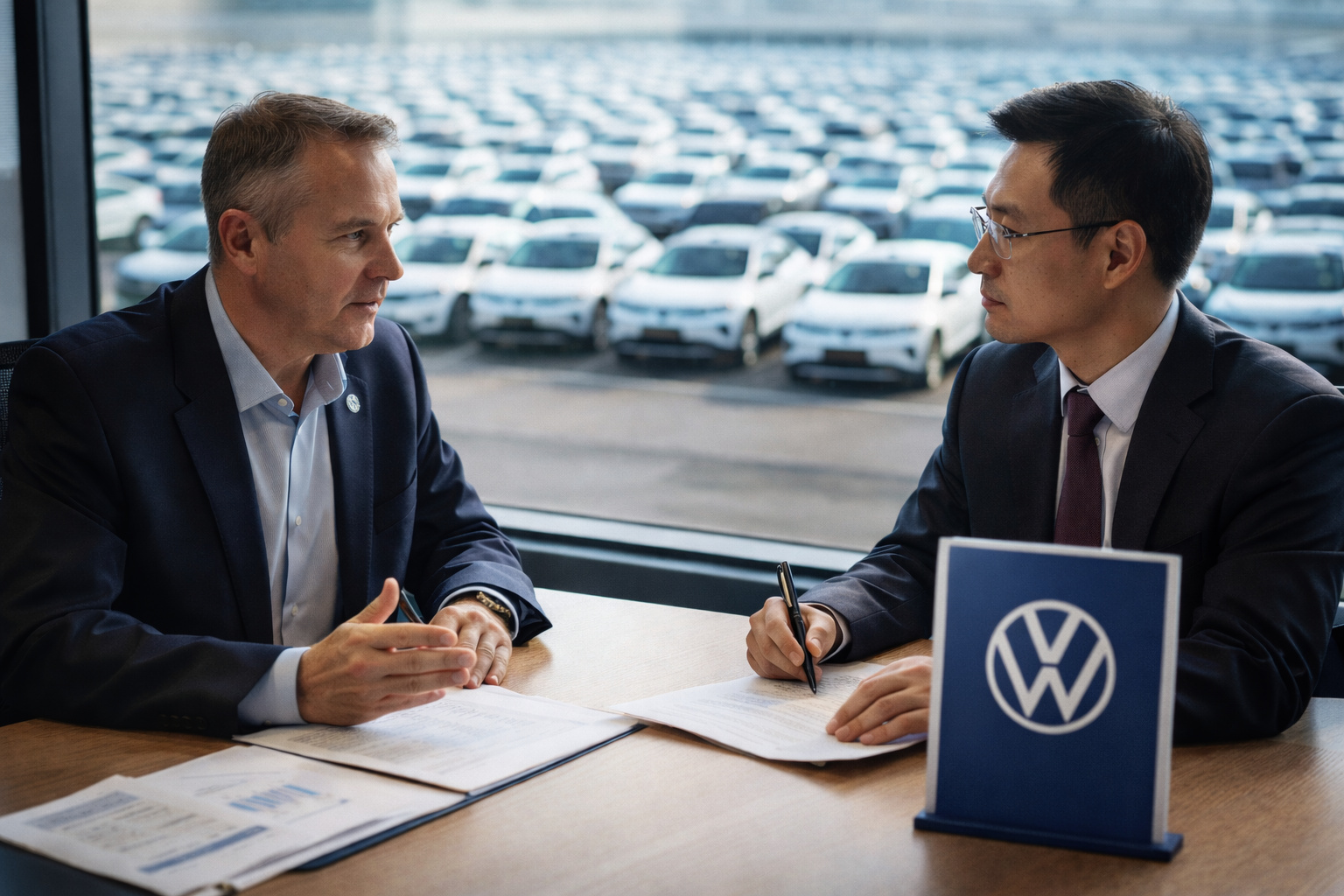 Executivo da Volkswagen negocia com representante chinês em escritório com grande janela e pátio ao fundo cheio de carros elétricos da Volkswagen.