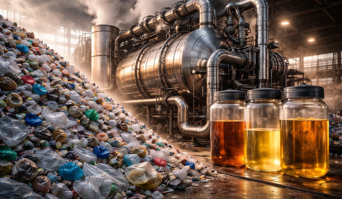 Pesquisa no Peru estuda transformar plástico que iria para o lixo em combustíveis como gasolina e diesel usando pirólise e economia circular. (Imagem: Ilustração)