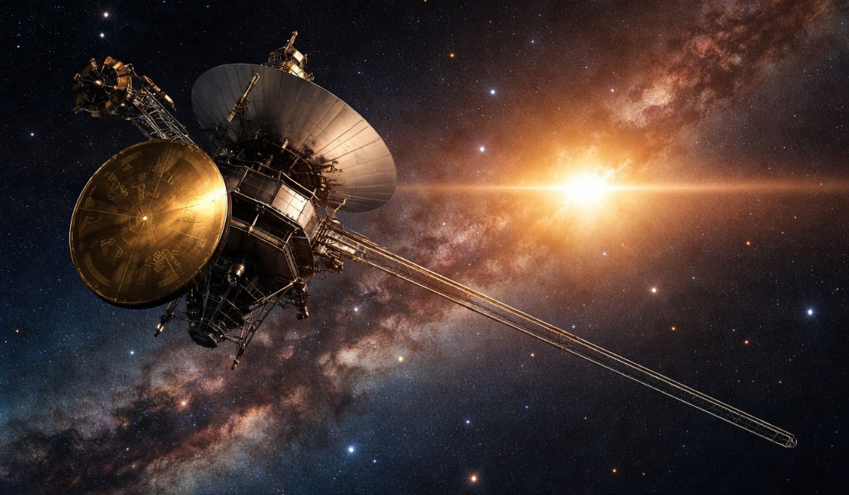 Entenda o que é o Disco de Ouro das sondas Voyager, como o mapa espacial aponta a Terra e por que essa mensagem segue no espaço interestelar. (Imagem: Ilustração)