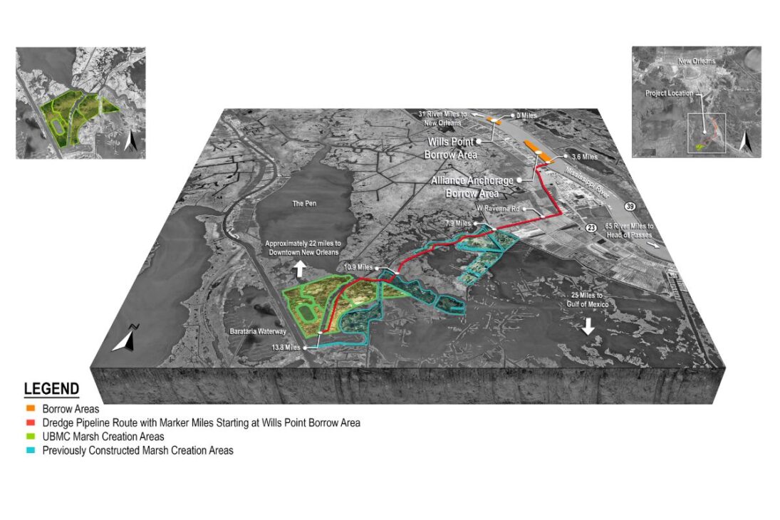 Áreas úmidas da Louisiana são reconstruídas por dragas que puxam sedimento do Mississippi em Upper Barataria para devolver altitude, estabilidade e proteção a uma costa que perdia terra havia décadas.
