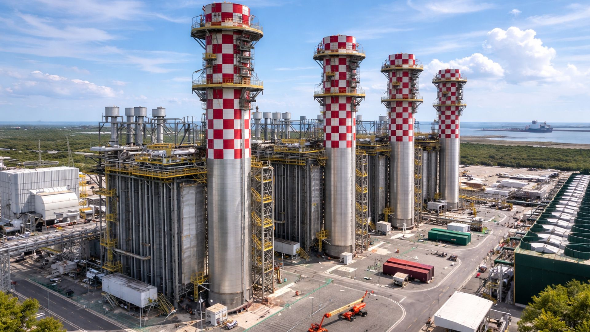 Usina termelétrica da GNA no Porto do Açu com grandes torres industriais e infraestrutura energética ligada à logística de GNL e projetos de inovação com hidrogênio e energia solar.