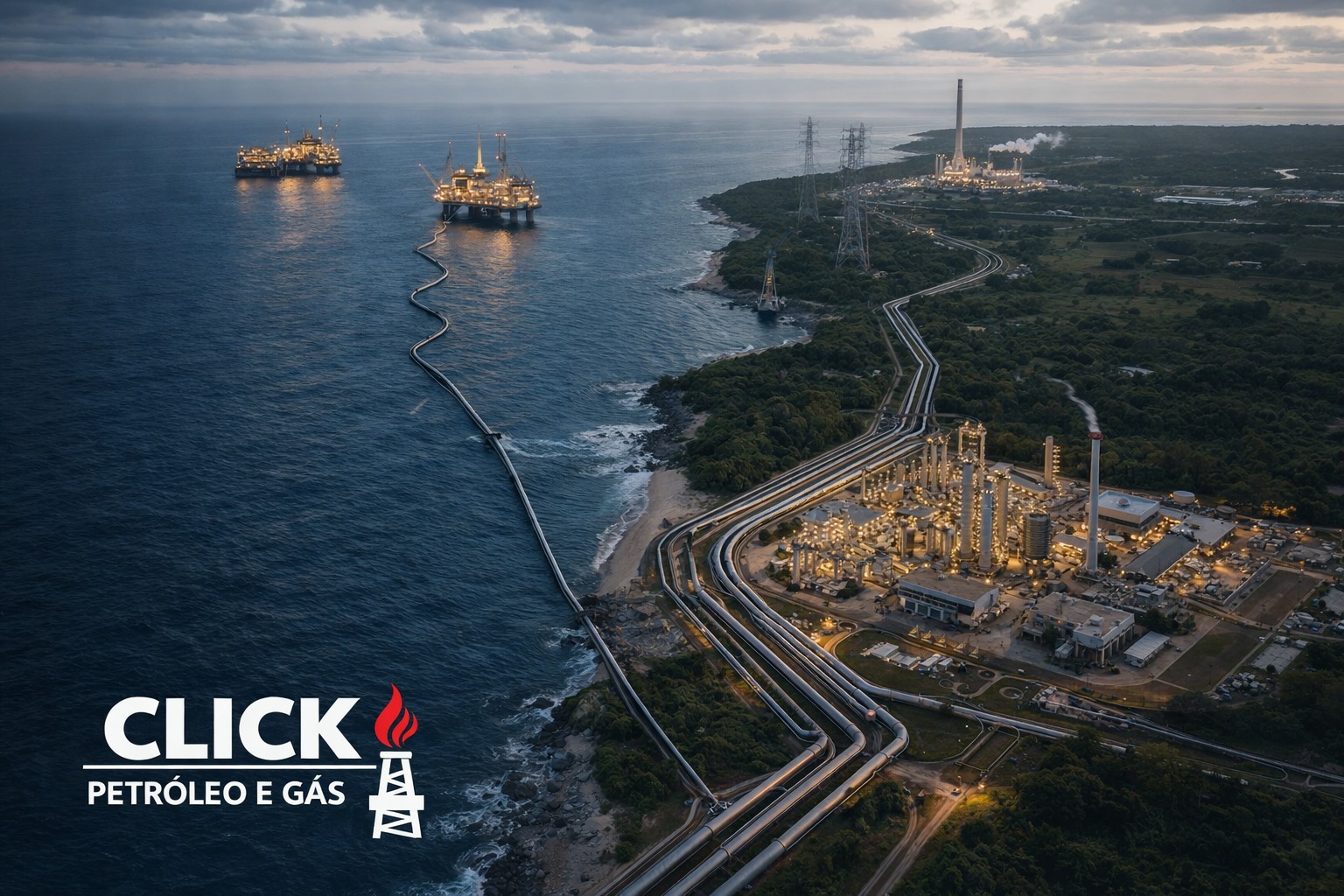 Infraestrutura de gás natural com plataformas offshore, gasodutos e usina termoelétrica representando o mercado de gás natural no Brasil