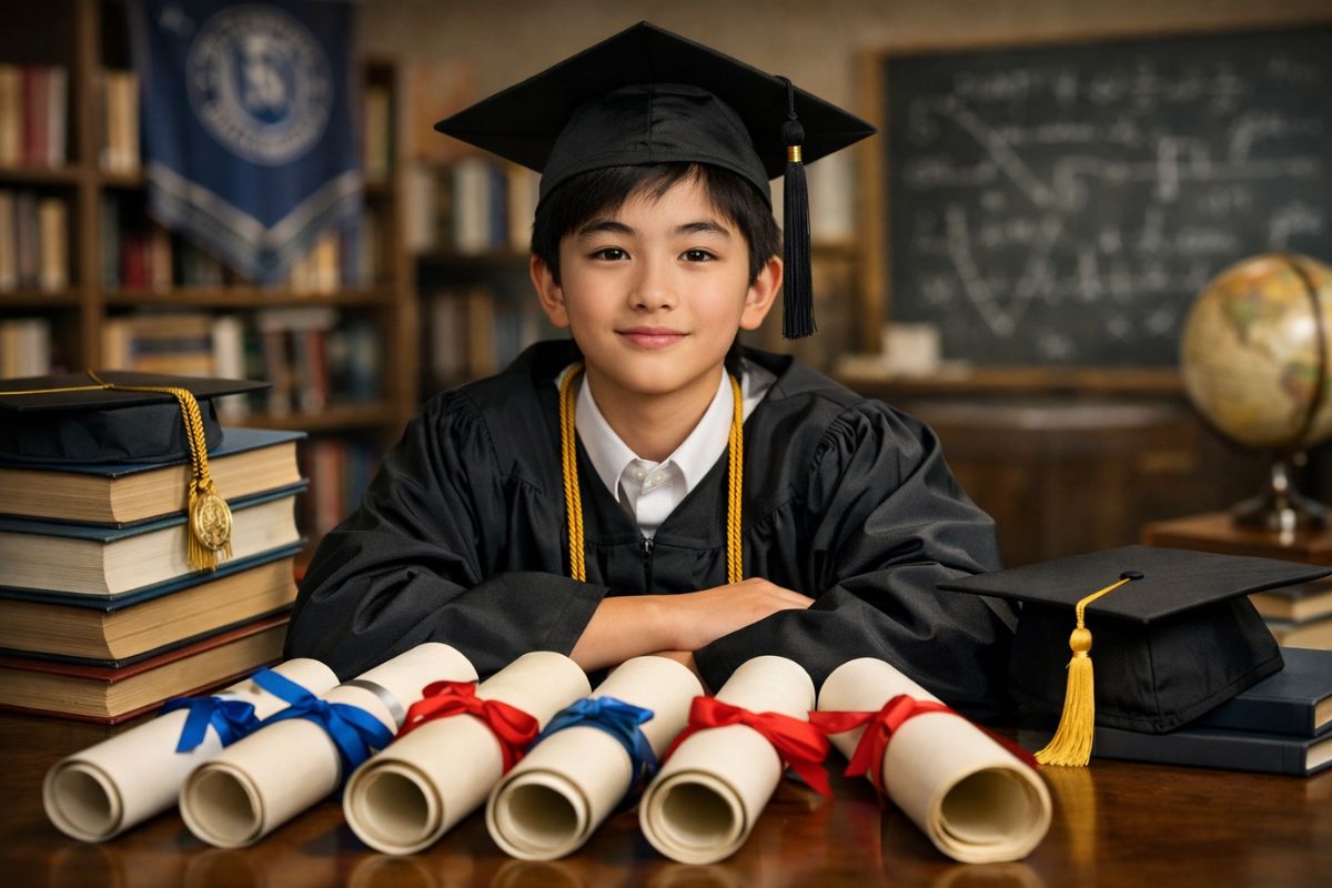 Menino conquista diplomas universitários no Fullerton College após ensino domiciliar e programa de admissão especial, tornando-se jovem estudante universitário recordista.