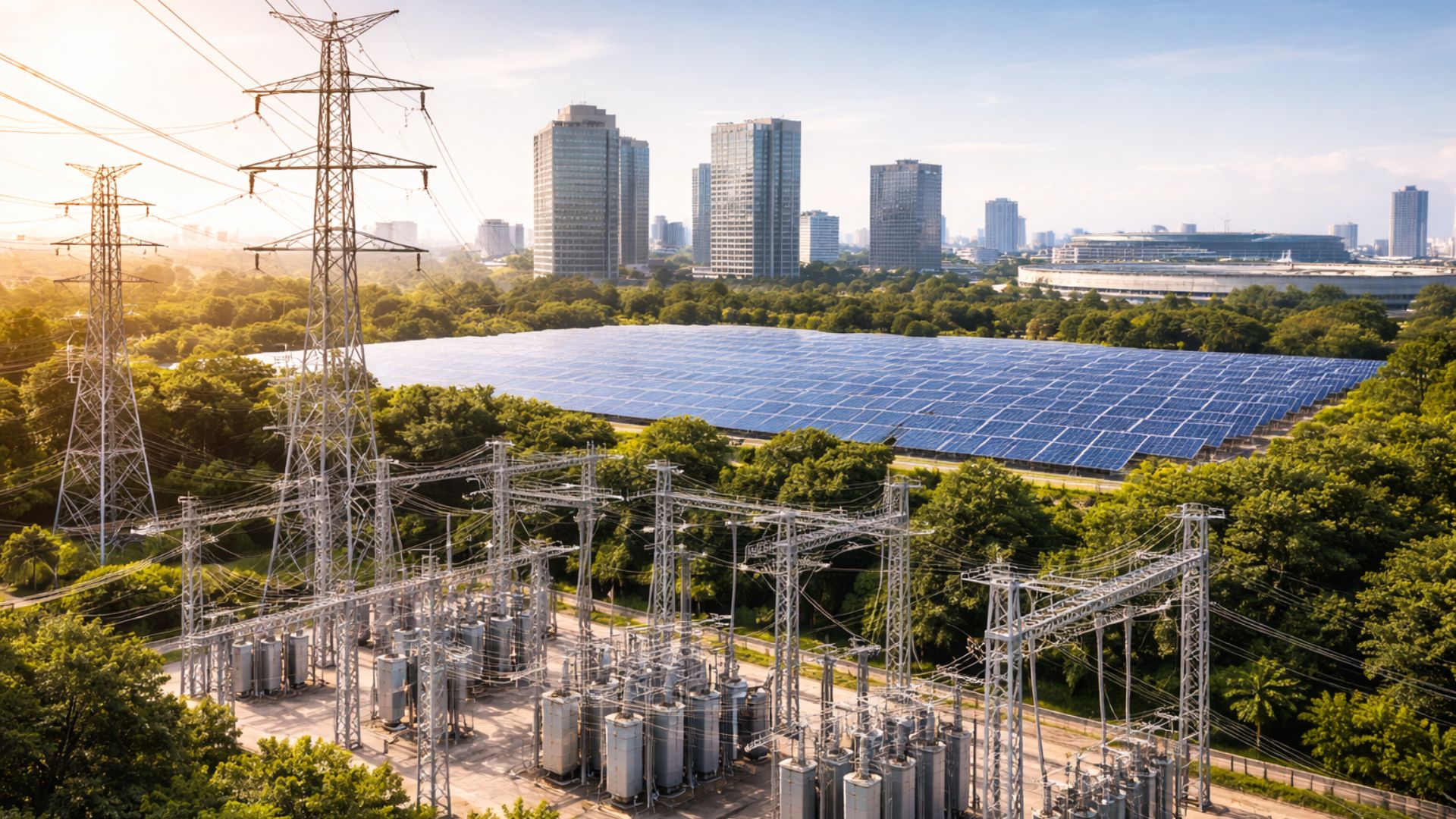 Subestação elétrica e rede de transmissão de energia em primeiro plano com usina solar ao fundo, representando o mercado livre de energia e a energia renovável no Ceará.