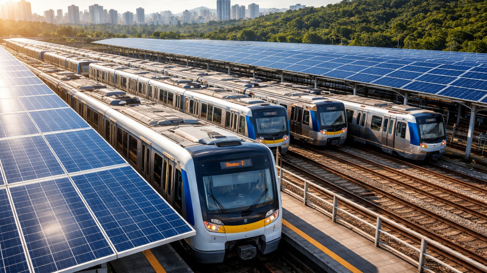 Trens do metrô estacionados em pátio com grande cobertura de painéis solares, representando geração de energia solar para o sistema metroviário de Belo Horizonte.