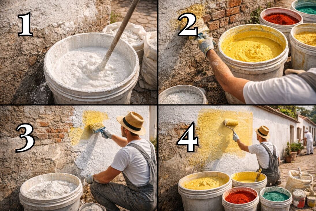 Técnica simples com cal hidratada e corante mineral renova muros antigos e fachadas com baixo custo e aplicação prática.