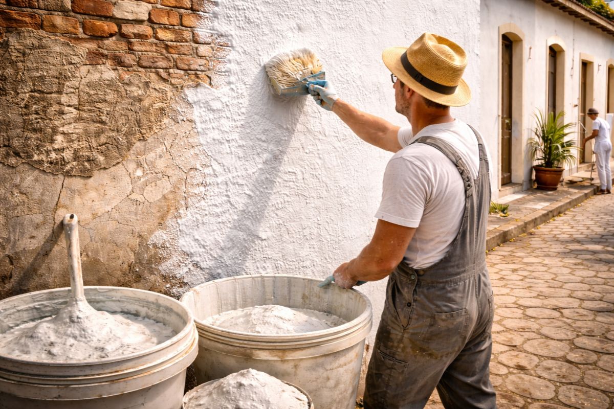 Mistura de cal hidratada com corante mineral vira solução barata para transformar muros antigos, padronizar fachadas de bairros e renovar paredes com técnica simples