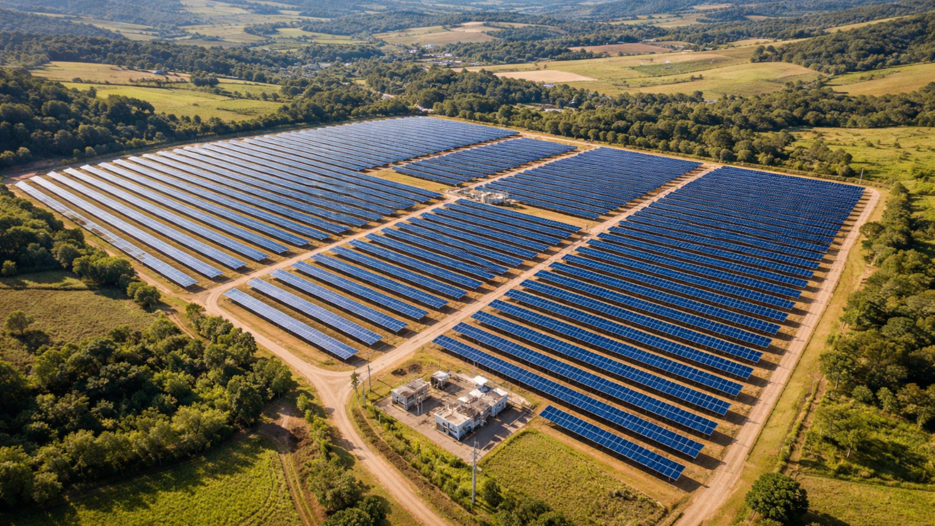 Vista aérea de um parque solar em área rural brasileira com longas fileiras de painéis fotovoltaicos instalados em terreno aberto cercado por vegetação.