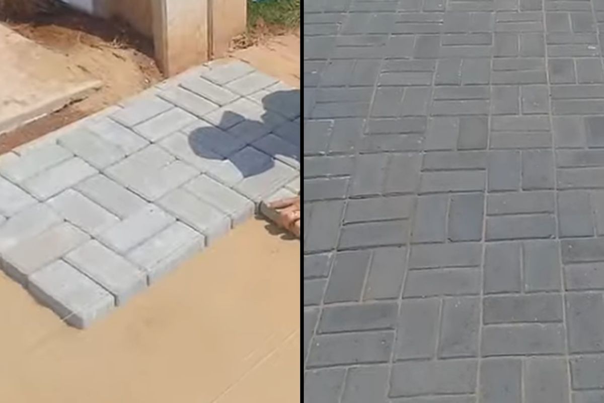 Pedreiro mostra passo a passo da instalação de bloquetes intertravados na calçada e rampa de garagem, revelando técnica de nivelamento, compactação com placa vibratória (1)