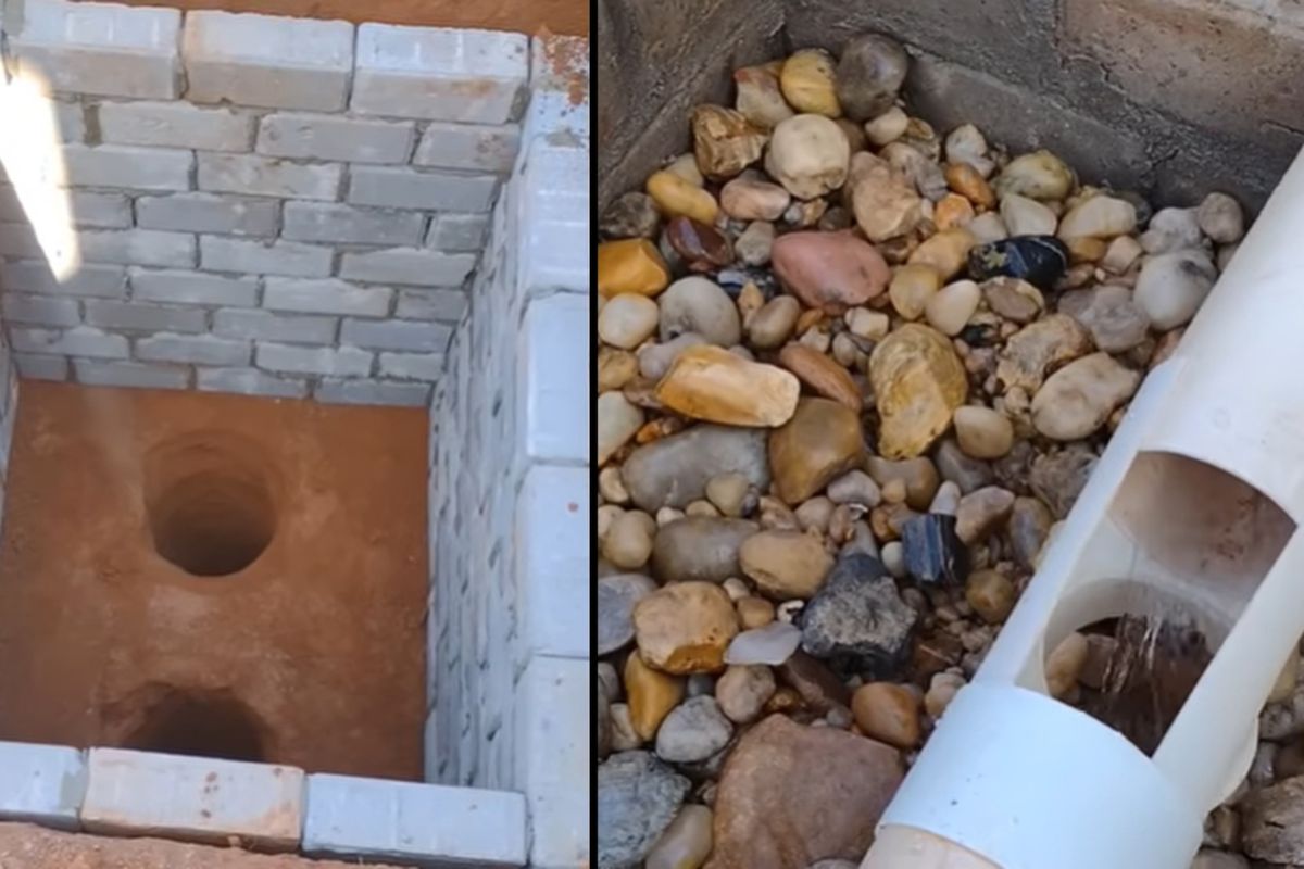 Pedreiro mostra passo a passo de como fazer um poço de drenagem de água da chuva com pedras e tubulação, solução simples que ajuda a evitar alagamentos e melhorar a infiltração no solo