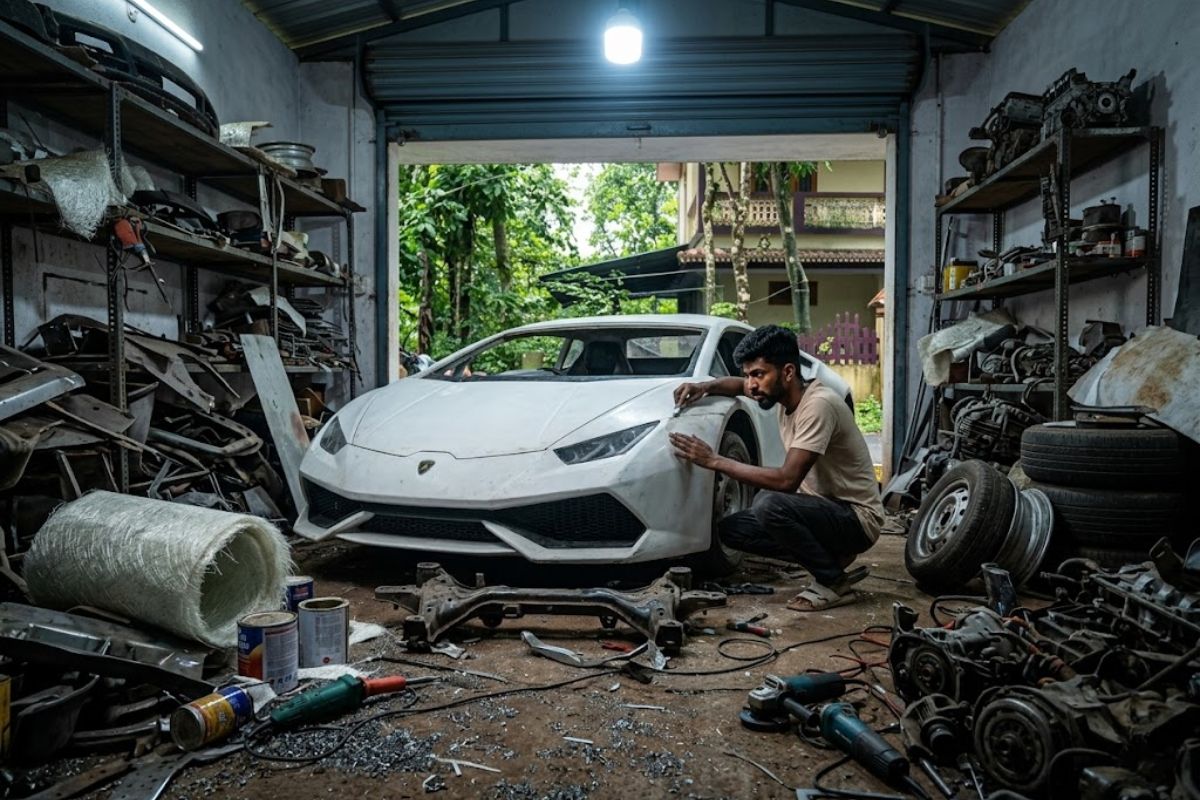 Jovem cria Lamborghini, constrói réplica de Lamborghini Huracán em projeto automotivo improvisado e surpreende a internet com supercarro feito na garagem. imagem: IA