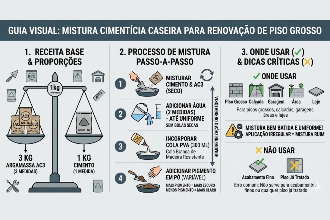mistura caseira com argamassa AC3, cimento, cola PVA e pigmento em pó promete renovar piso grosso com poucas demãos, boa cobertura e gasto muito menor.