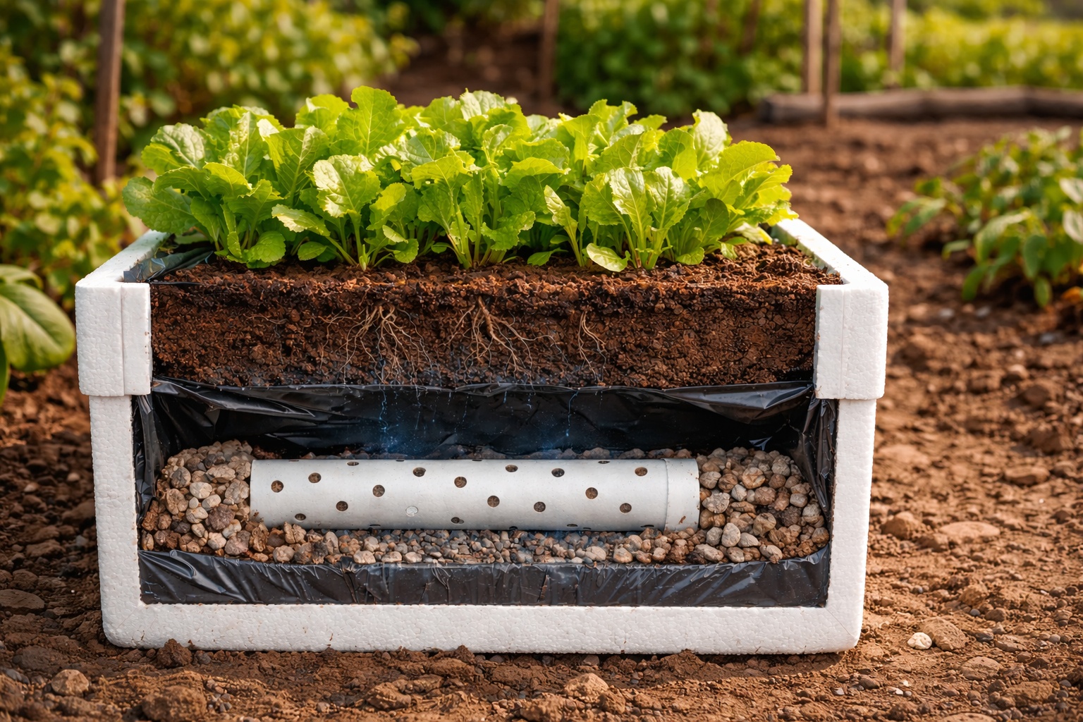 Agricultores cortaram caixas de isopor, forraram com lona plástica, enterraram cano de PVC perfurado no fundo e criaram canteiro autoirrigável de baixo custo que eleva a água por capilaridade diretamente às raízes e mantém a horta úmida por até uma semana sem rega