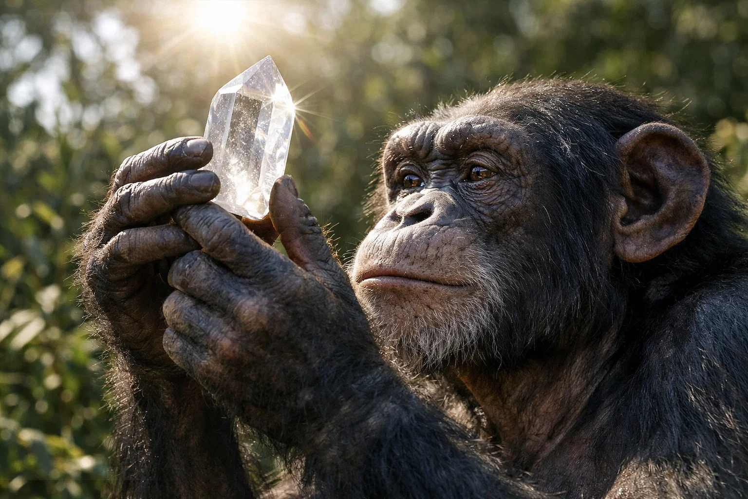 chimpanzé segurando cristal de quartzo durante experimento científico sobre fascínio por pedras brilhantes