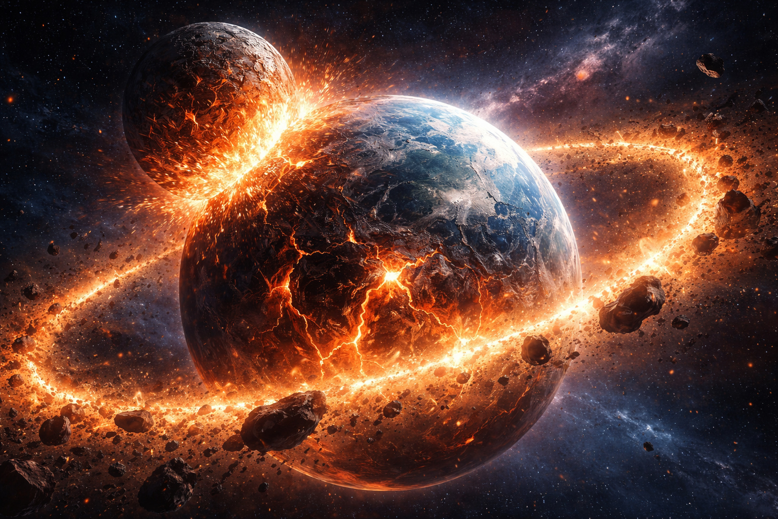 A colisão que criou a Lua há 4,5 bilhões de anos deveria ter fundido completamente o interior da Terra, mas rochas antigas da Groenlândia e do Havaí têm uma assinatura química que só se explica se fragmentos da proto-Terra sobreviveram ao impacto e ainda existem hoje, escondidos no manto