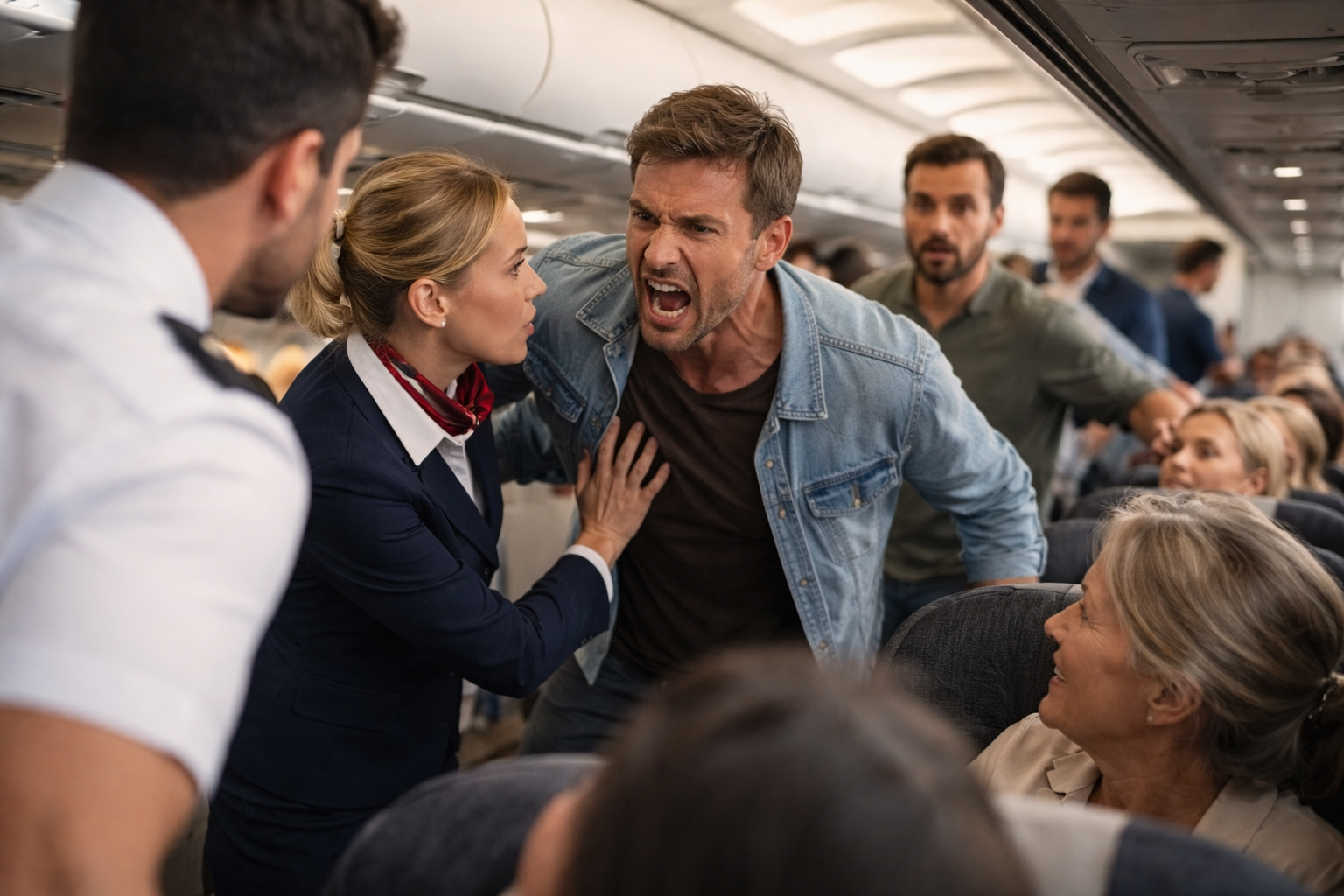 Passageiro indisciplinado discutindo com comissária de bordo dentro de avião enquanto outros passageiros observam a confusão no corredor da aeronave.