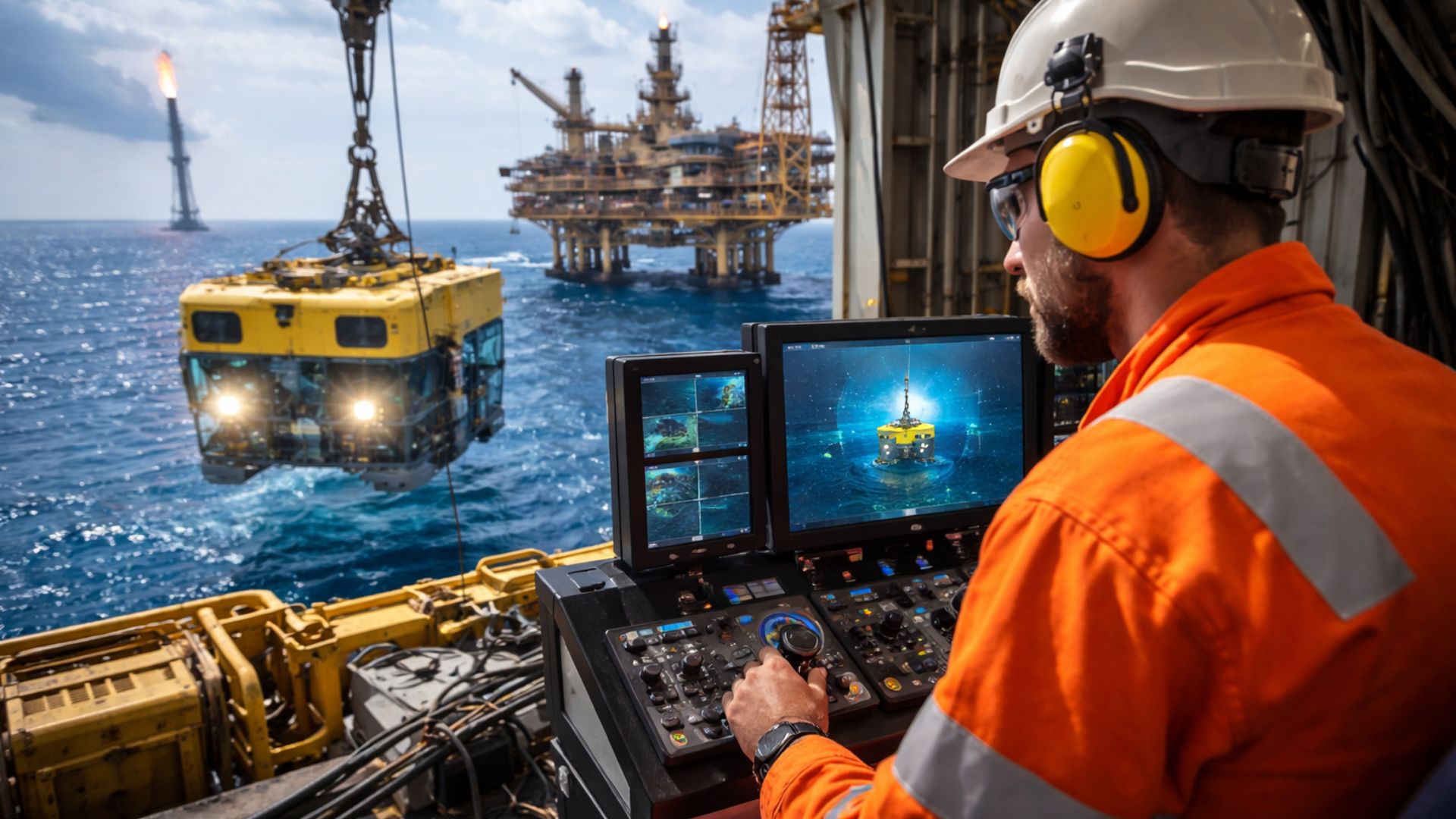 Operador offshore controla veículo submarino ROV a partir de uma plataforma de petróleo no mar, utilizando painéis e monitores para inspeção de estruturas submarinas.