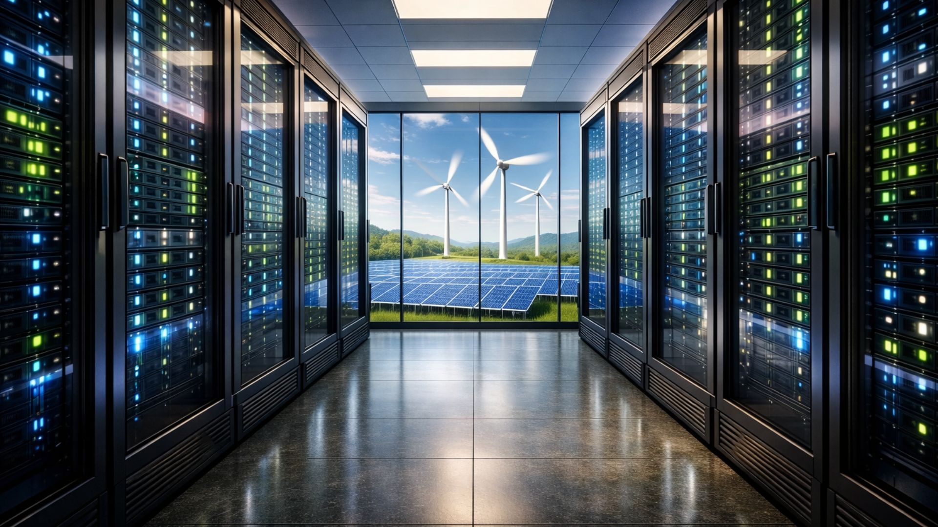 Data center moderno com servidores em funcionamento e parede de vidro ao fundo mostrando parque solar e torres eólicas gerando energia renovável.