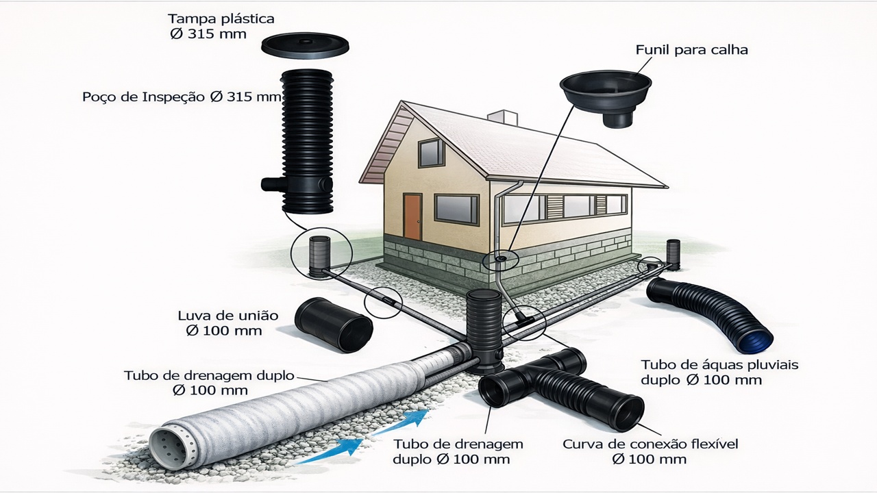 Com tubo PVC de 100 mm e manta geotêxtil, técnico ensina drenagem perimetral que protege fundação contra infiltração e custa menos de R$ 500, muito mais barato que quebrar piso e refazer estrutura