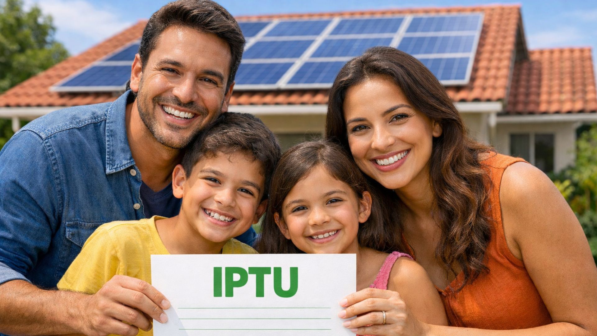 Família brasileira feliz segurando documento do IPTU com destaque em verde em frente a casa com painéis de energia solar no telhado.