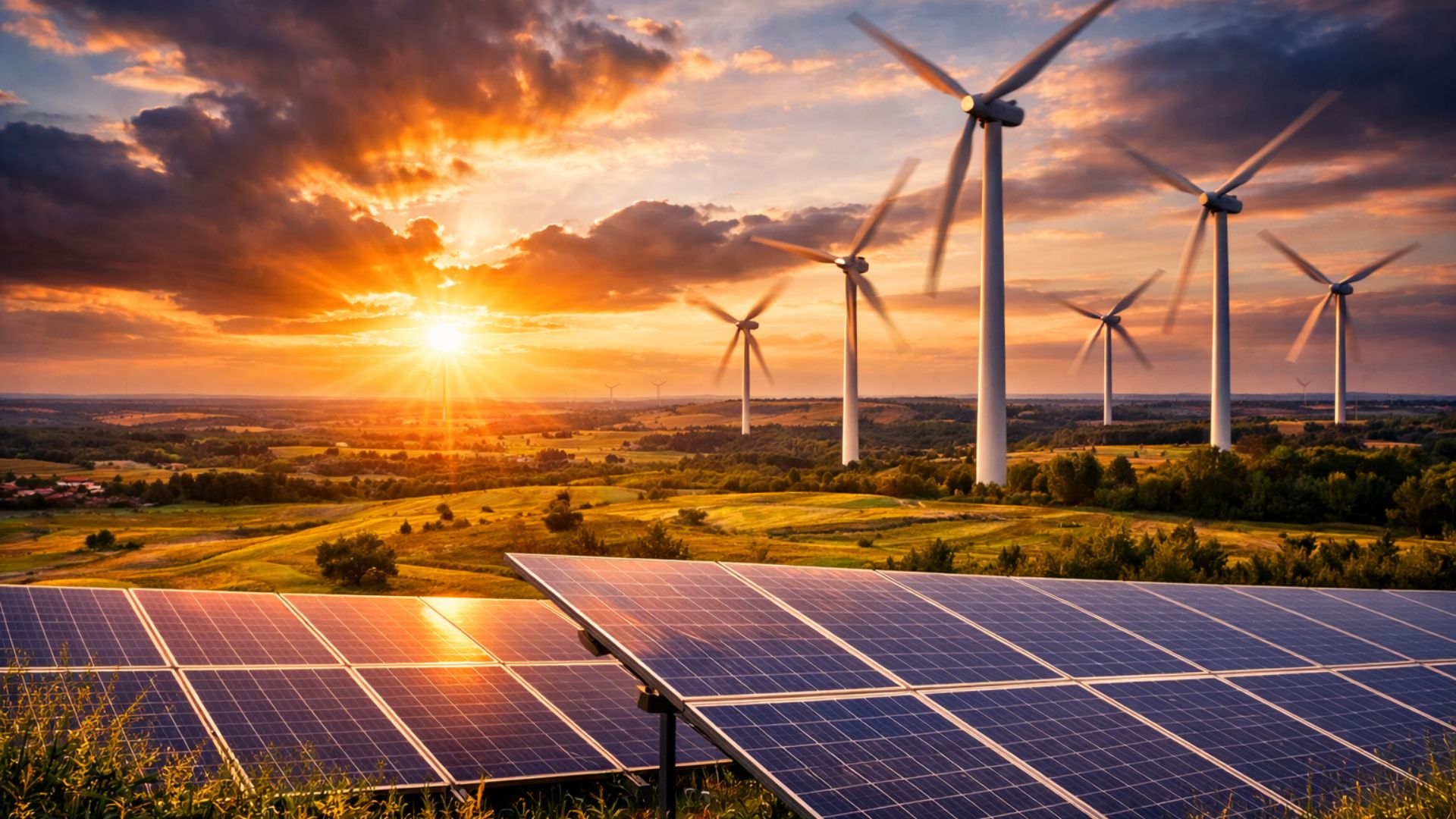 Painéis solares em primeiro plano e torres eólicas com pás em movimento ao fundo durante pôr do sol dramático, representando a expansão das energias renováveis.