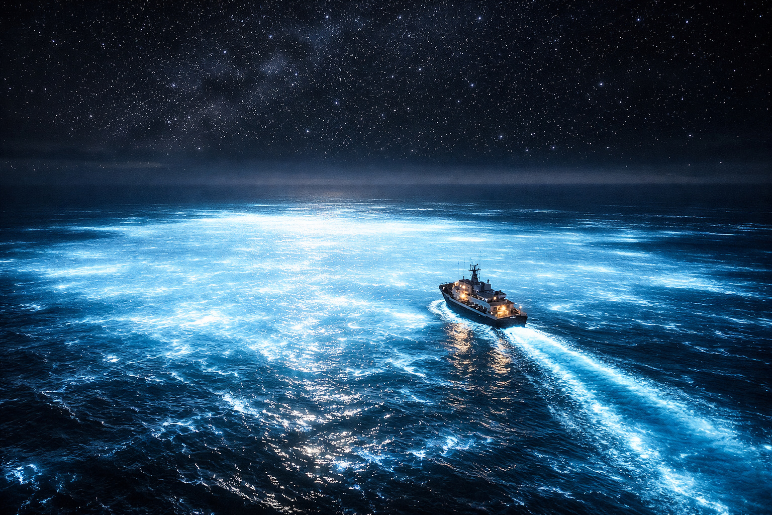 Mares de leite: fenômeno raro faz o oceano inteiro brilhar à noite. Satélites da NOAA registraram áreas de até 100 mil km² iluminadas por bactérias bioluminescentes.