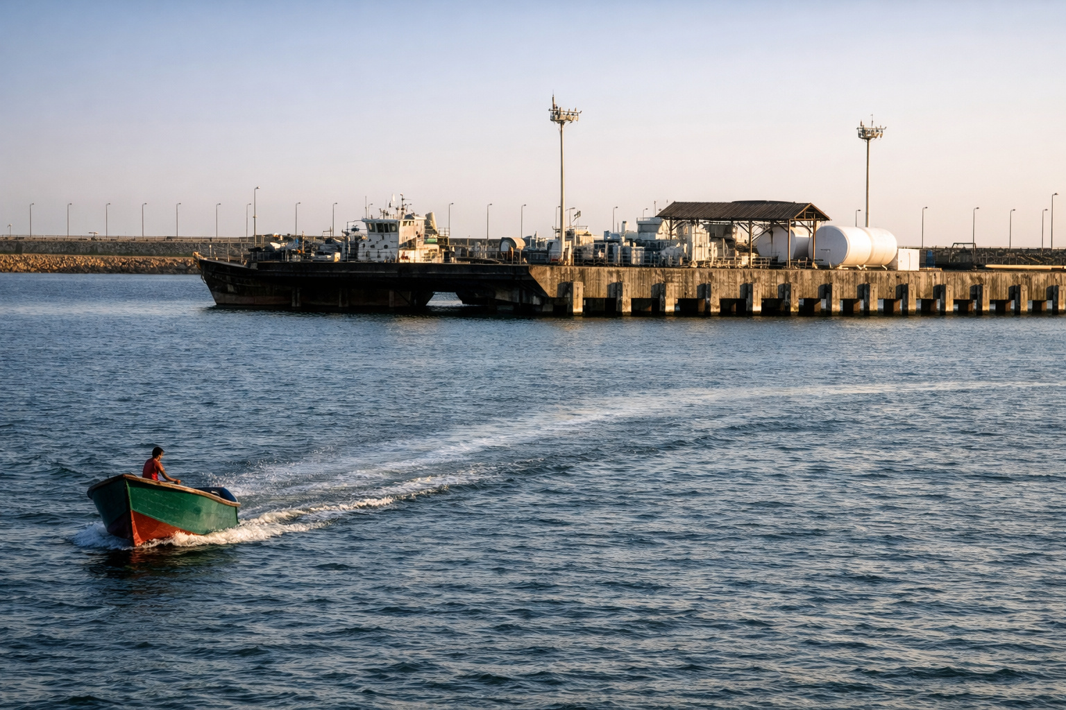 Pequeno barco navegando próximo a um navio petroleiro atracado em terminal marítimo, cenário que representa o transporte de petróleo em rotas estratégicas como o Estreito de Ormuz.