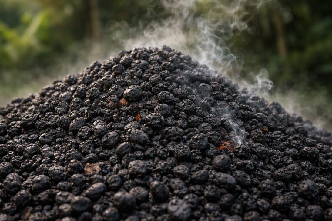 Enquanto milhões de toneladas de caroço de açaí se acumulam na Amazônia, engenheiro agrônomo do Pará transforma o resíduo da fruta mais exportada da região em biocarvão usando dois tambores e entrega ao agricultor familiar um fertilizante que sequestra carbono por séculos