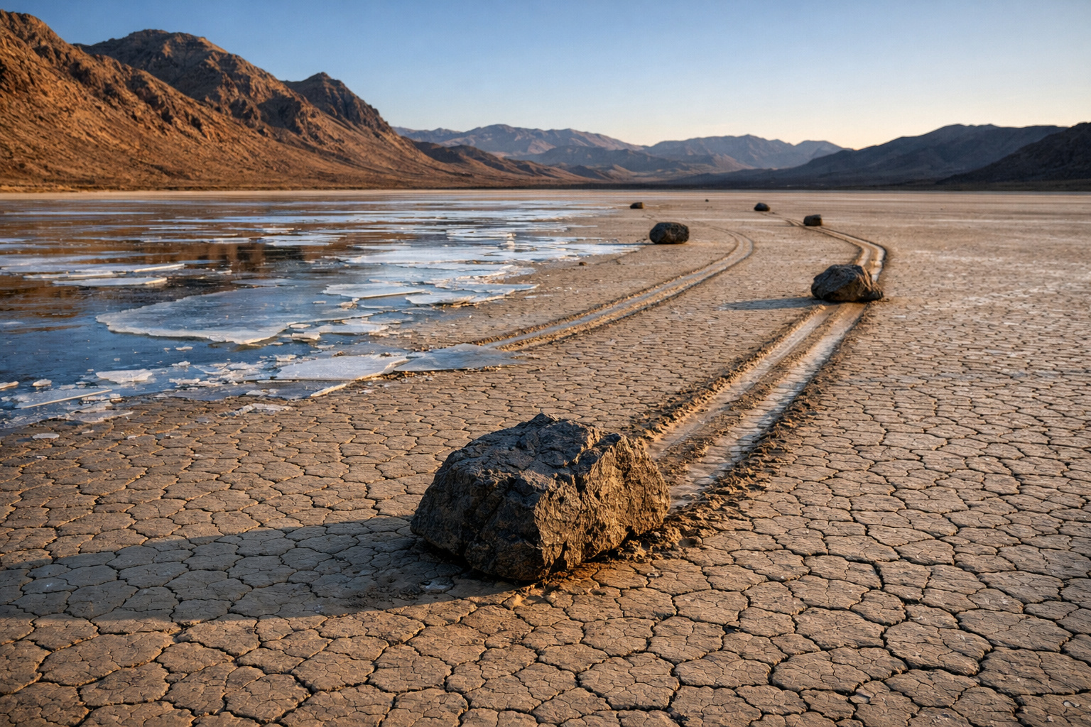 Pedras deixando rastros no solo seco da Racetrack Playa no Death Valley enquanto se movem lentamente devido a gelo e vento.