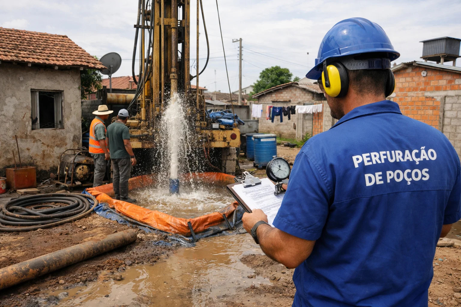 Máquina perfurando poço artesiano em quintal residencial com técnico supervisionando