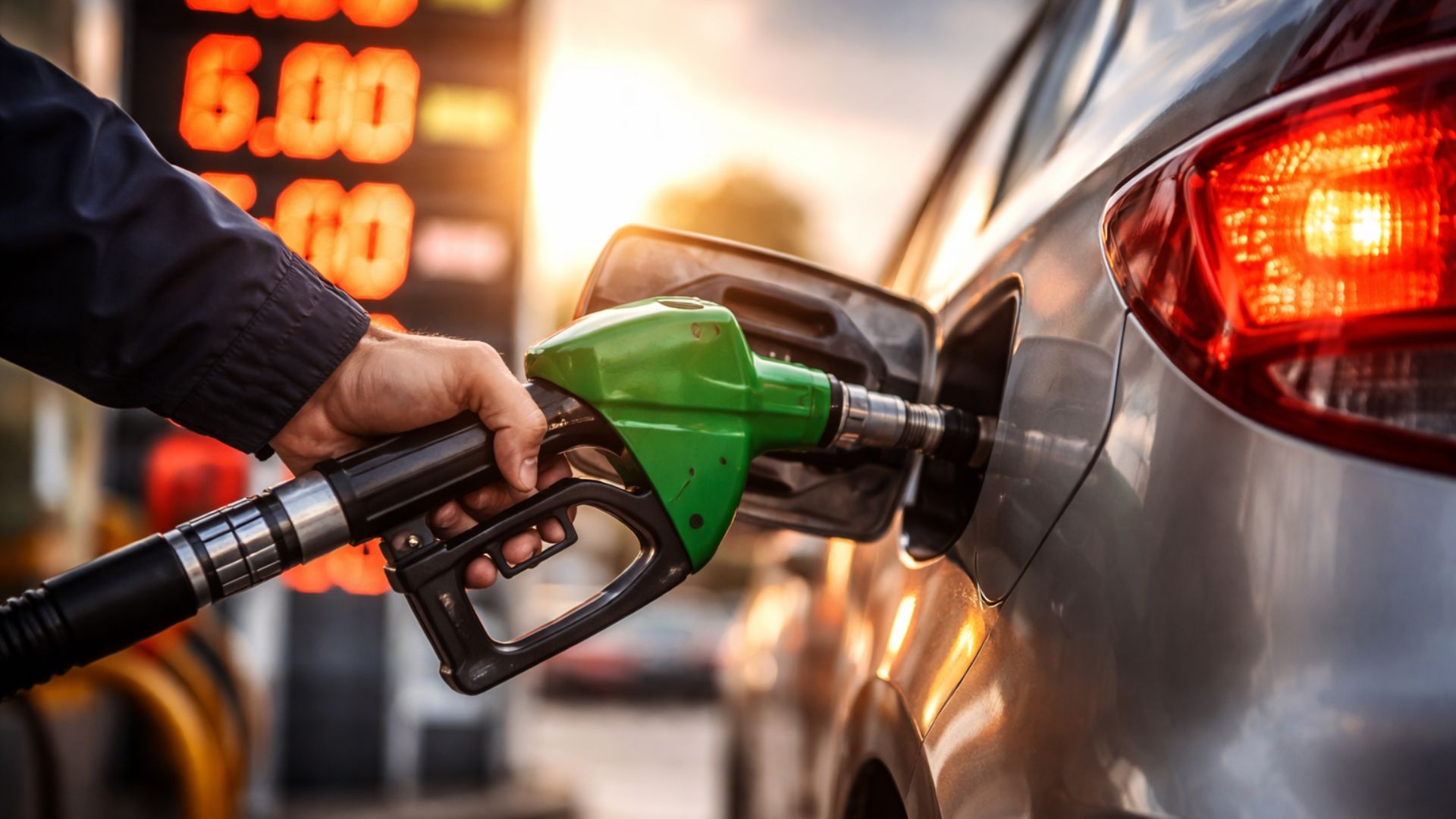 Carro sendo abastecido com gasolina em um posto de combustível, enquanto painel de preços aparece desfocado ao fundo, simbolizando a alta do petróleo internacional.
