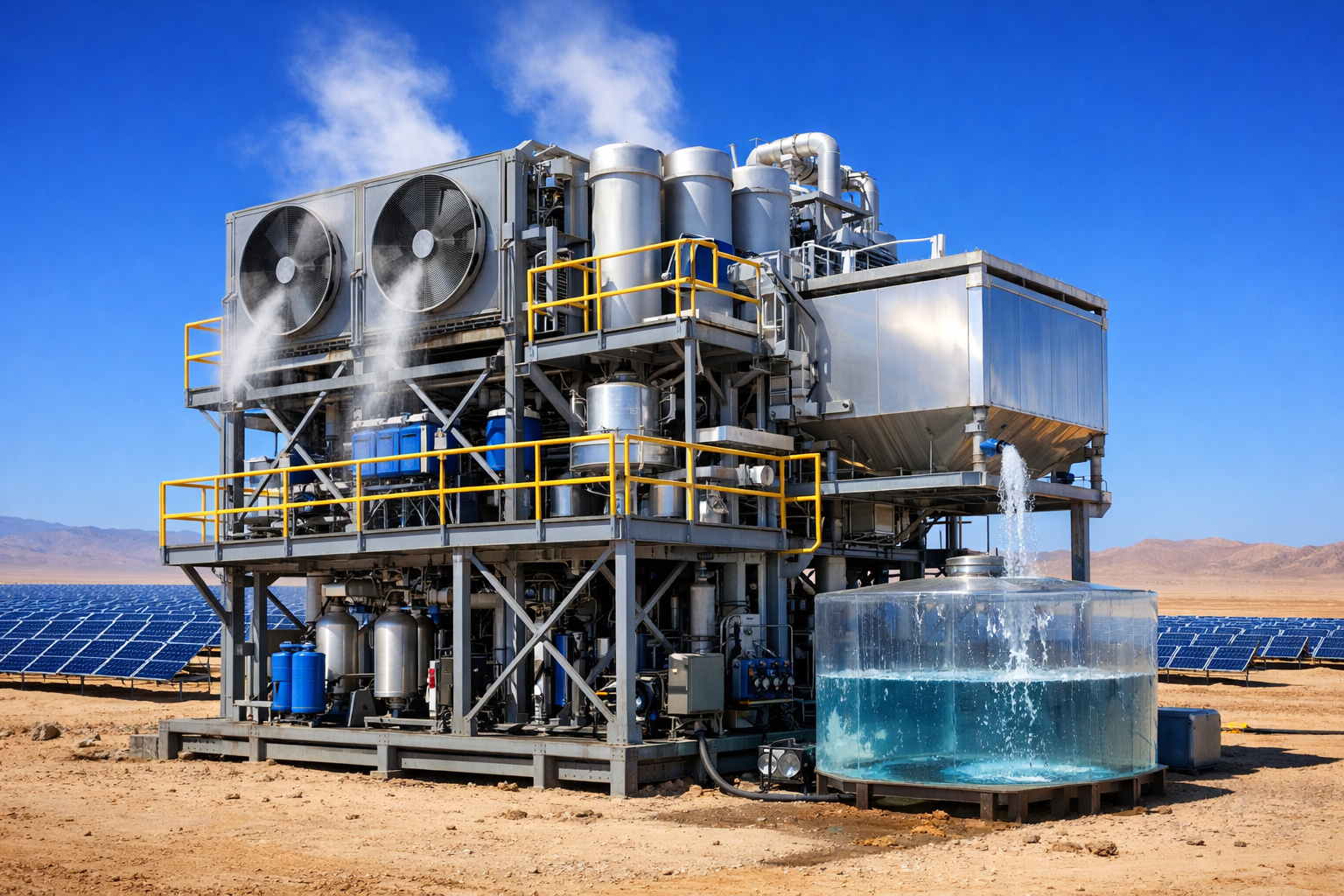 Máquina gigante produzindo água potável no deserto com energia solar