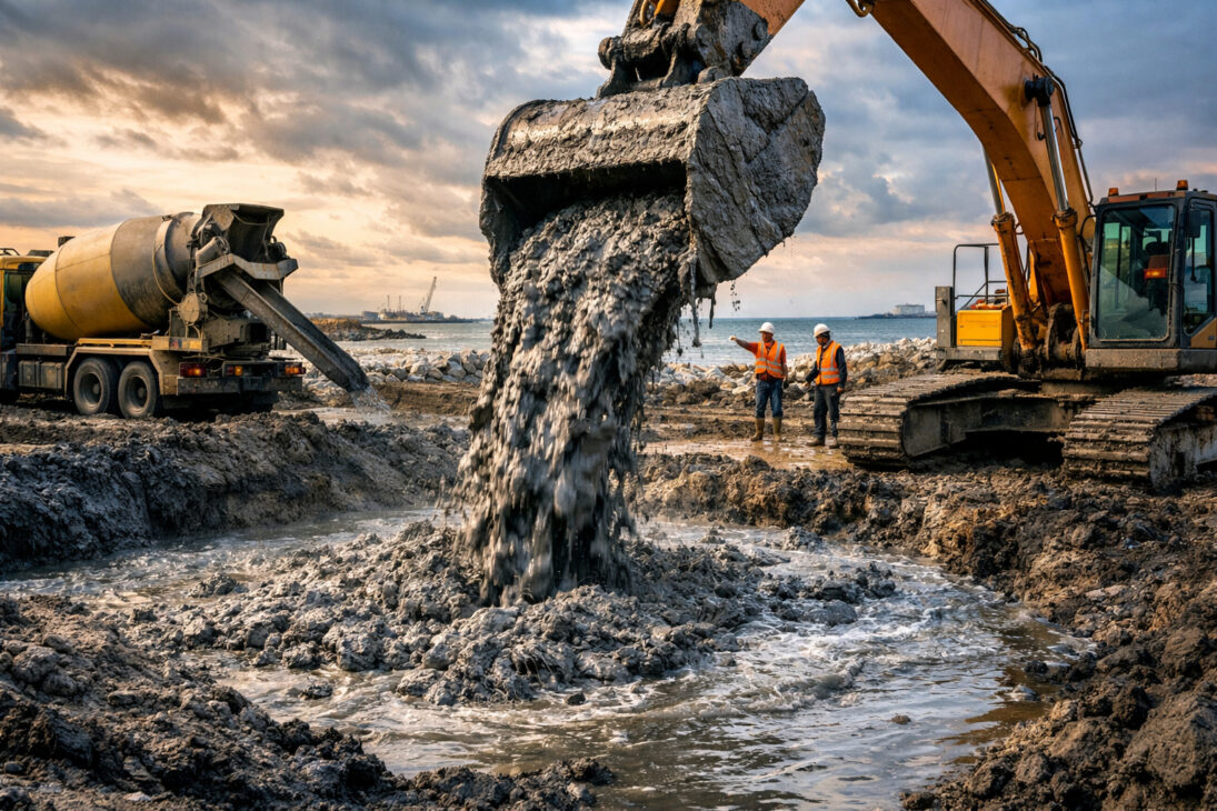 Misturar lama marinha com areia e pequenas quantidades de cimento pode transformar sedimentos costeiros em um material chamado mudcrete usado na construção de estradas e aterros: a mistura estabiliza solos moles, aumenta a capacidade de carga do terreno e permite construir infraestrutura em áreas onde o solo natural não suportaria o peso das obras