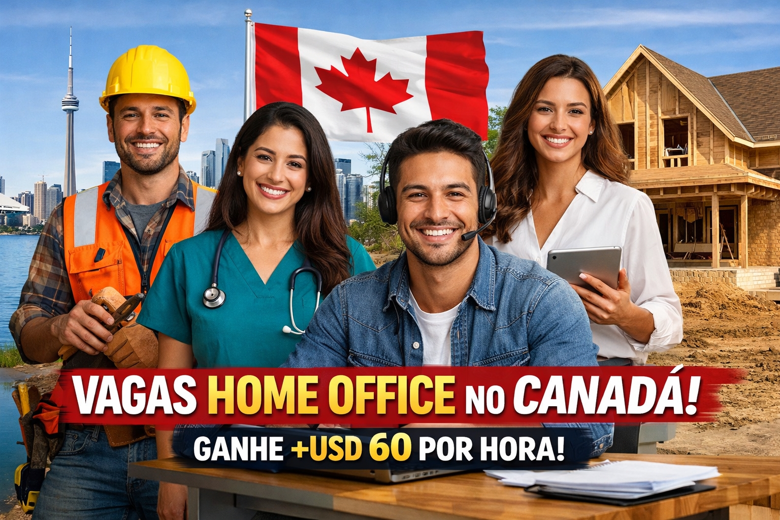 Canadá disponibiliza mais de 600 vagas home office para quem fala português com salários que ultrapassam USD 60 a hora e brasileiros podem enviar currículo para os cargos na construção civil, saúde, tecnologia, vendas e mais